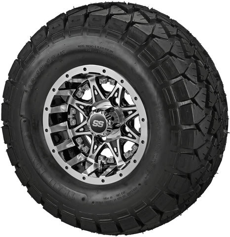 22x10.00-10 Trail Fox A/T Tires on Black/Machined Revenge Golf Cart Wheels with Color Inserts