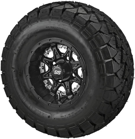 22x10.00-10 Trail Fox A/T Tires on Matte Black Revenge Golf Cart Wheels with Color Inserts