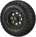 22x10.00-10 Trail Fox A/T Tires on Matte Black Revenge Golf Cart Wheels with Color Inserts