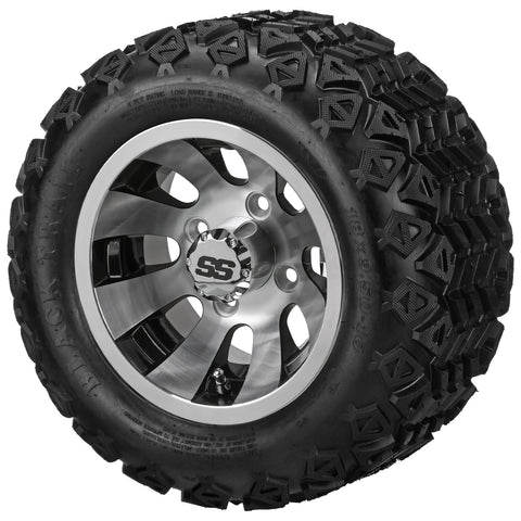 18x9.50-10 Black Trail Tires on Black/Machined Gunslinger Golf Cart Wheels