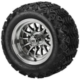 18x9.50-10 Black Trail Tires on Black/Machined 14-Spoke Golf Cart Wheels
