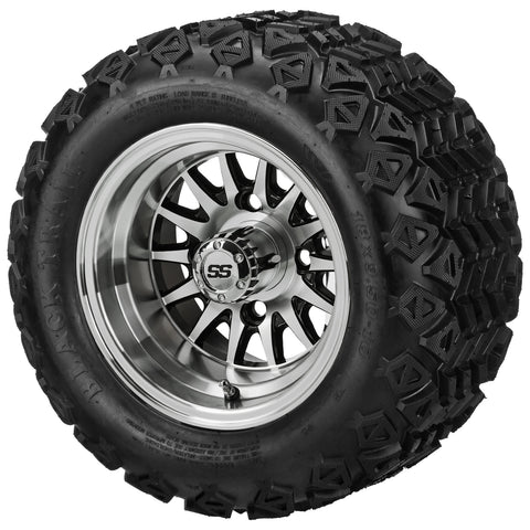 18x9.50-10 Black Trail Tires on Black/Machined 14-Spoke Golf Cart Wheels
