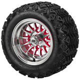 18x9.50-10 Black Trail Tires on Red/Machined 14-Spoke Golf Cart Wheels
