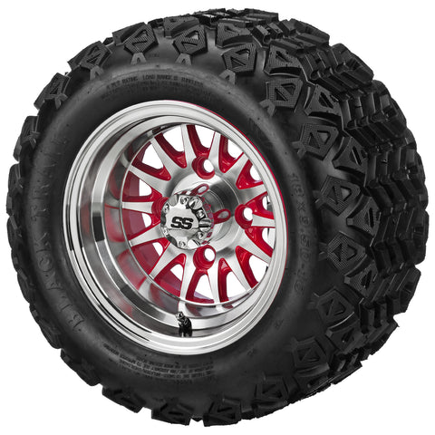 18x9.50-10 Black Trail Tires on Red/Machined 14-Spoke Golf Cart Wheels