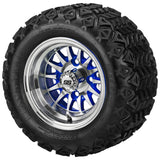 18x9.50-10 Black Trail Tires on Blue/Machined 14-Spoke Golf Cart Wheels