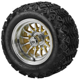 18x9.50-10 Black Trail Tires on Gold/Machined 14-Spoke Golf Cart Wheels