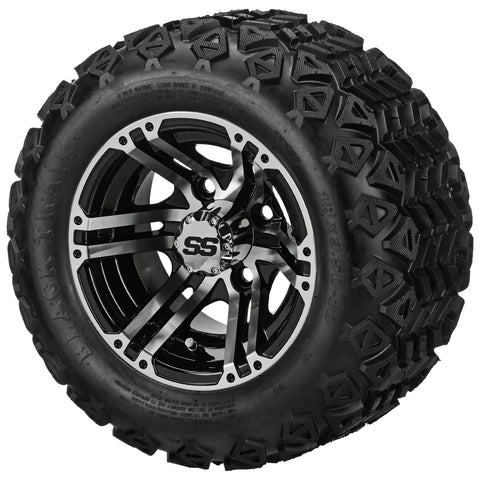 18x9.50-10 Black Trail Tires on Black/Machined Yukon Golf Cart Wheels