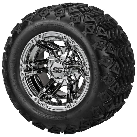 18x9.50-10 Black Trail Tires on Mirror Yukon Golf Cart Wheels