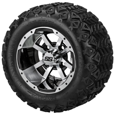18x9.50-10 Black Trail Tires on Black/Machined Maltese Cross Golf Cart Wheels