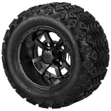 18x9.50-10 Black Trail Tires on Matte Black Maltese Cross Golf Cart Wheels