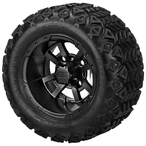 18x9.50-10 Black Trail Tires on Matte Black Maltese Cross Golf Cart Wheels