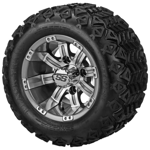 18x9.50-10 Black Trail Tires on Gun Metal Gray/Machined Casino Golf Cart Wheels