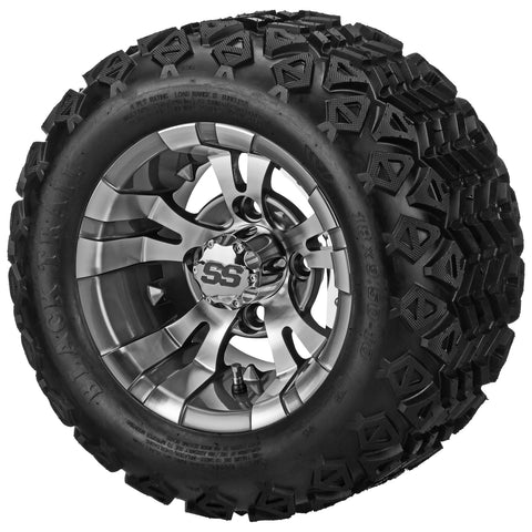 18x9.50-10 Black Trail Tires on Gun Metal Gray/Machined Warlock Golf Cart Wheels