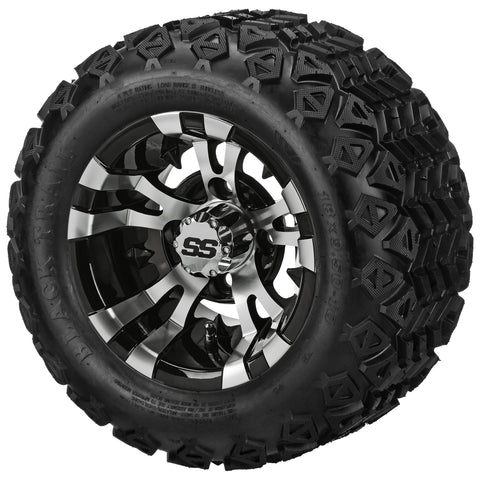 18x9.50-10 Black Trail Tires on Black/Machined Warlock Golf Cart Wheels
