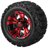 18x9.50-10 Black Trail Tires on Red/Black Warlock Golf Cart Wheels