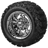 18x9.50-10 Black Trail Tires on Mirror Warlock Golf Cart Wheels