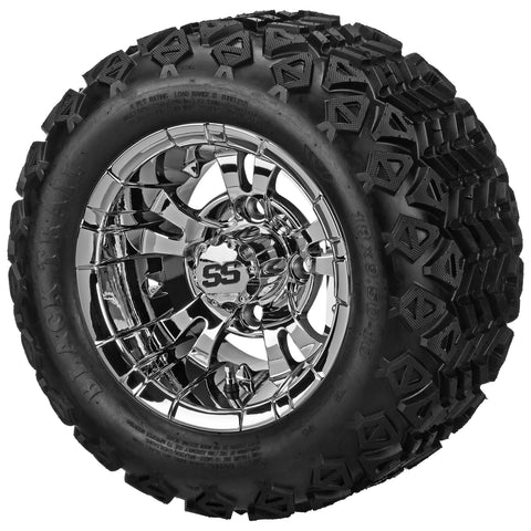 18x9.50-10 Black Trail Tires on Mirror Warlock Golf Cart Wheels