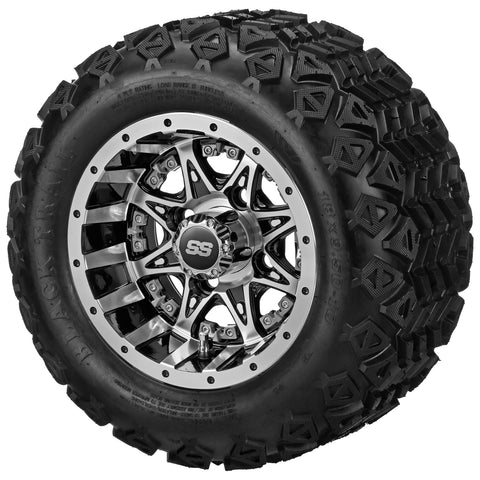 18x9.50-10 Black Trail Tires on Black/Machined Revenge Golf Cart Wheels with Color Inserts