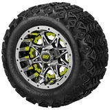 18x9.50-10 Black Trail Tires on Black/Machined Revenge Golf Cart Wheels with Color Inserts