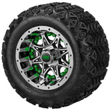 18x9.50-10 Black Trail Tires on Black/Machined Revenge Golf Cart Wheels with Color Inserts