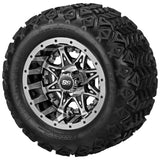 18x9.50-10 Black Trail Tires on Black/Machined Revenge Golf Cart Wheels with Color Inserts