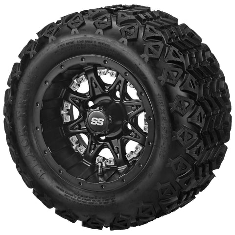 18x9.50-10 Black Trail Tires on Matte Black Revenge Golf Cart Wheels with Color Inserts (Copy)