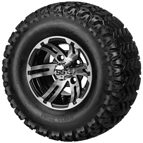 22x11.00-10 Sierra Sport Tires on Black/Machined Epic Golf Cart Wheels