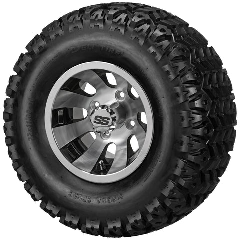 22x11.00-10 Sierra Sport Tires on Black/Machined Gunslinger Golf Cart Wheels