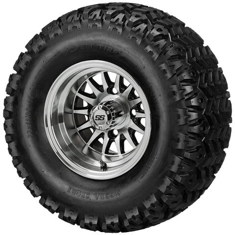 22x11.00-10 Sierra Sport Tires on Black/Machined 14-Spoke Golf Cart Wheels