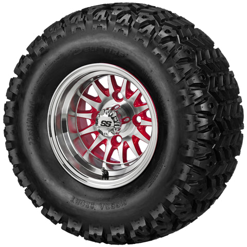 22x11.00-10 Sierra Sport Tires on Red/Machined 14-Spoke Golf Cart Wheels
