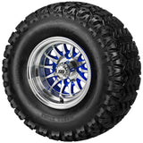 22x11.00-10 Sierra Sport Tires on Blue/Machined 14-Spoke Golf Cart Wheels