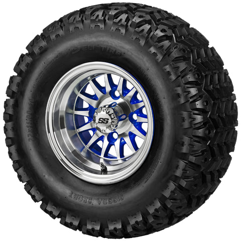 22x11.00-10 Sierra Sport Tires on Blue/Machined 14-Spoke Golf Cart Wheels