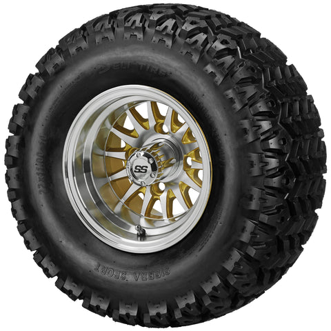 22x11.00-10 Sierra Sport Tires on Gold/Machined 14-Spoke Golf Cart Wheels