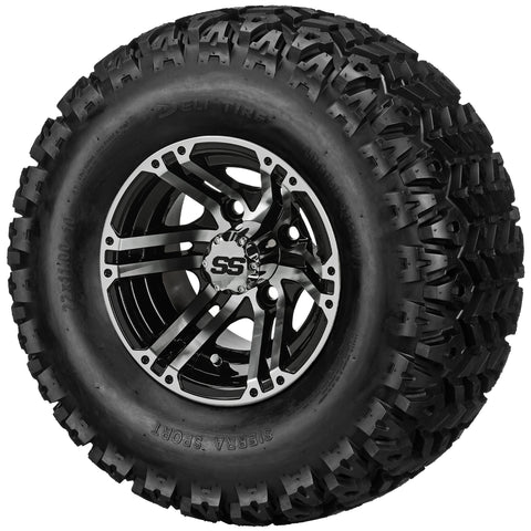 22x11.00-10 Sierra Sport Tires on Black/Machined Yukon Golf Cart Wheels