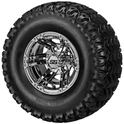 22x11.00-10 Sierra Sport Tires on Mirror Yukon Golf Cart Wheels