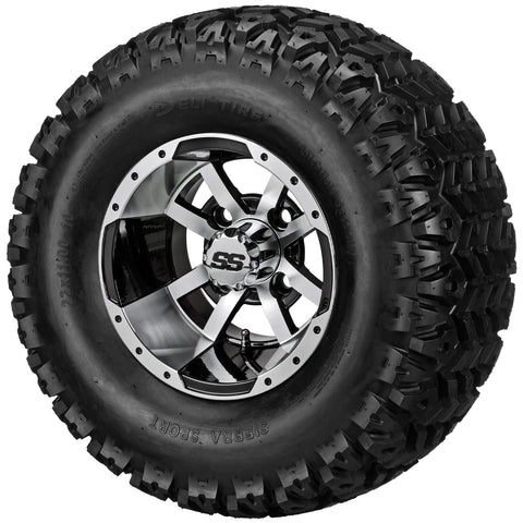 22x11.00-10 Sierra Sport Tires on Black/Machined Maltese Cross Golf Cart Wheels
