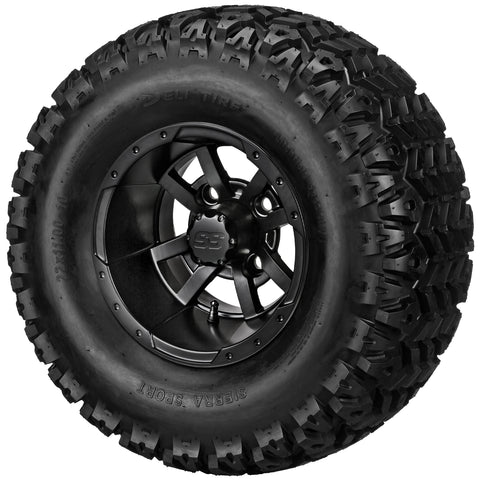 22x11.00-10 Sierra Sport Tires on Matte Black Maltese Cross Golf Cart Wheels