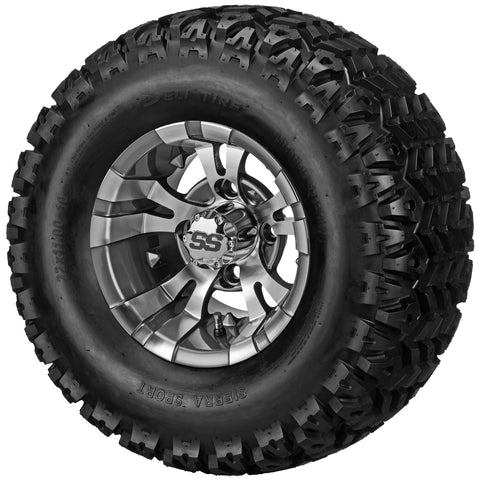 22x11.00-10 Sierra Sport Tires on Gun Metal Gray/Machined Warlock Golf Cart Wheels