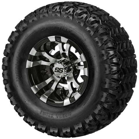 22x11.00-10 Sierra Sport Tires on Black/Machined Warlock Golf Cart Wheels
