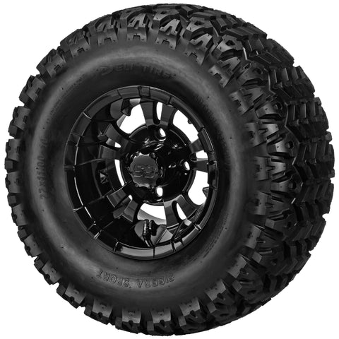 22x11.00-10 Sierra Sport Tires on Gloss Black Warlock Golf Cart Wheels