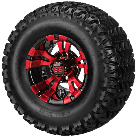 22x11.00-10 Sierra Sport Tires on Red/Black Warlock Golf Cart Wheels