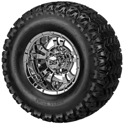 22x11.00-10 Sierra Sport Tires on Mirror Warlock Golf Cart Wheels