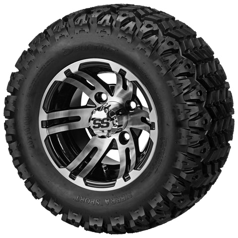 20x10.00-10 Sierra Sport Tires on Black/Machined Epic Golf Cart Wheels