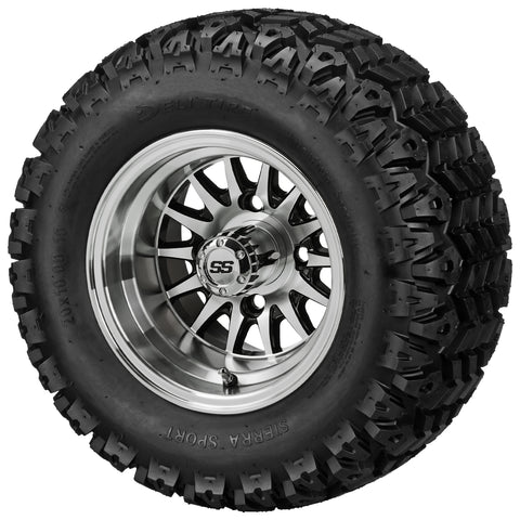 20x10.00-10 Sierra Sport Tires on Black/Machined 14-Spoke Golf Cart Wheels