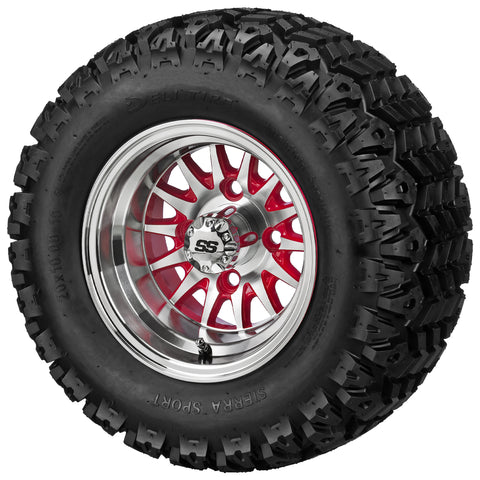 20x10.00-10 Sierra Sport Tires on Red/Machined 14-Spoke Golf Cart Wheels