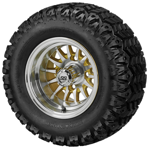 20x10.00-10 Sierra Sport Tires on Gold/Machined 14-Spoke Golf Cart Wheels