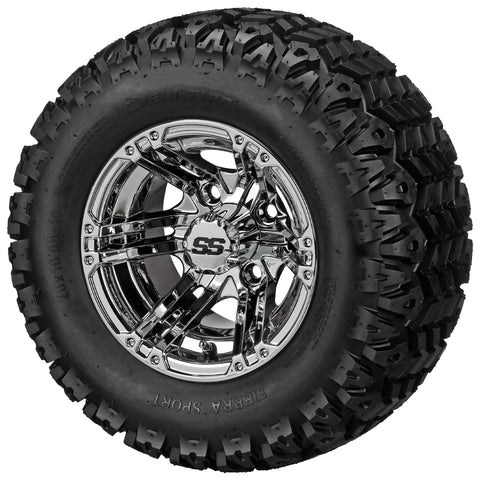 20x10.00-10 Sierra Sport Tires on Mirror Yukon Golf Cart Wheels