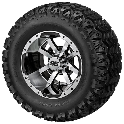 20x10.00-10 Sierra Sport Tires on Black/Machined Maltese Cross Golf Cart Wheels