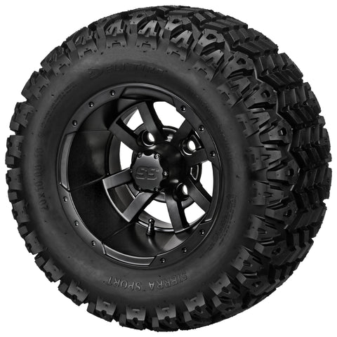 20x10.00-10 Sierra Sport Tires on Matte Black Maltese Cross Golf Cart Wheels