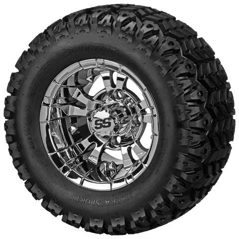 20x10.00-10 Sierra Sport Tires on Mirror Warlock Golf Cart Wheels